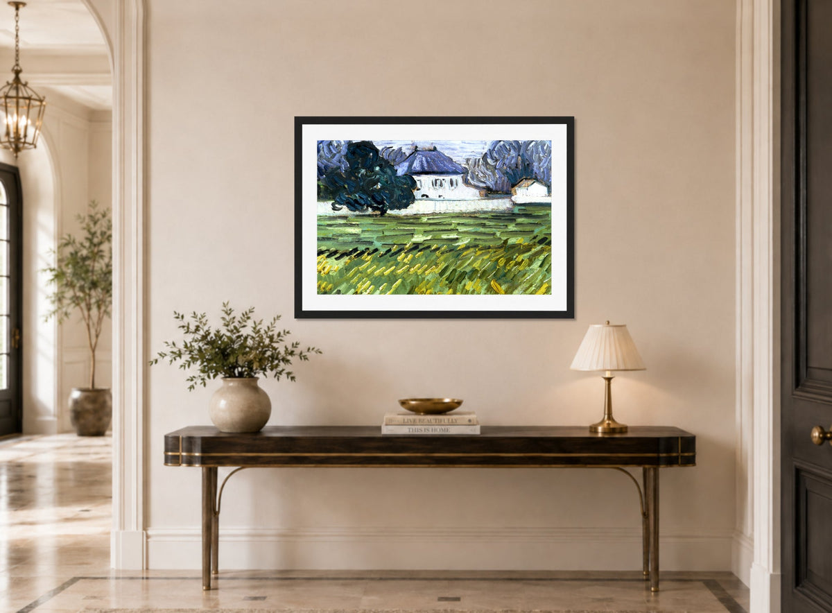 Vincent van Gogh Print, 054 Wheat Field at Auvers with White House_10x8_wm2 displayed above a console table
