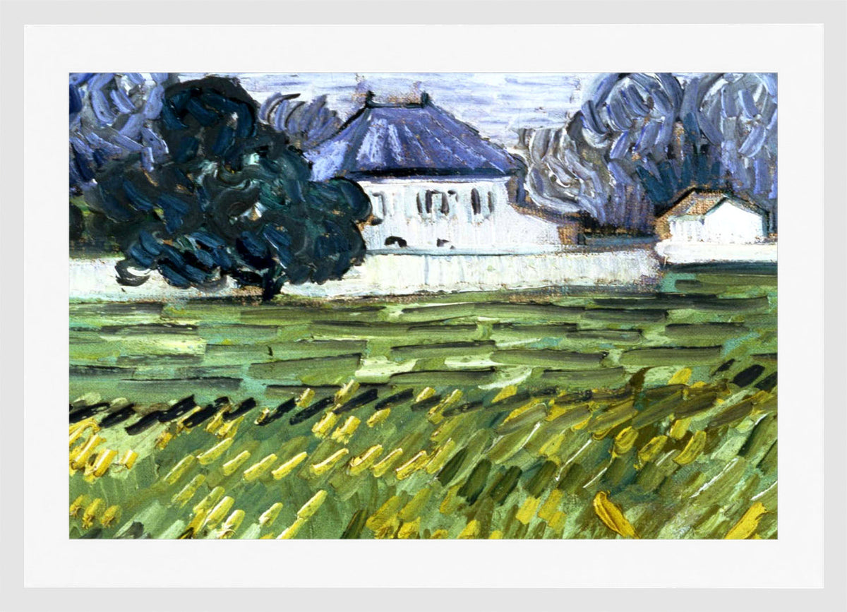 Vincent van Gogh Print, 054 Wheat Field at Auvers with White House_10x8_wm2 in a white frame