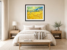 Vincent van Gogh Print, 055 Wheat Field Behind Saint-Paul Hospital with a Reaper_10x8 displayed above a bed