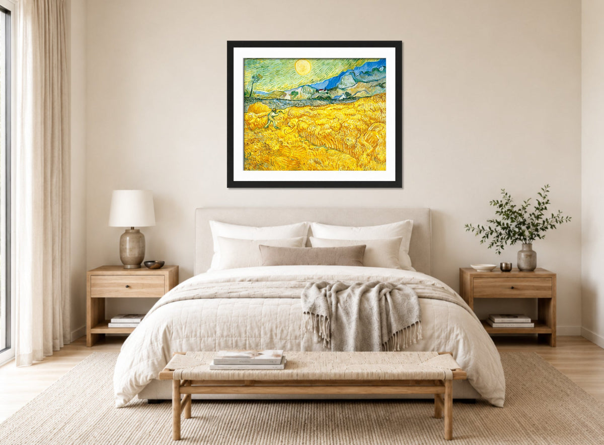 Vincent van Gogh Print, 055 Wheat Field Behind Saint-Paul Hospital with a Reaper_10x8 displayed above a bed