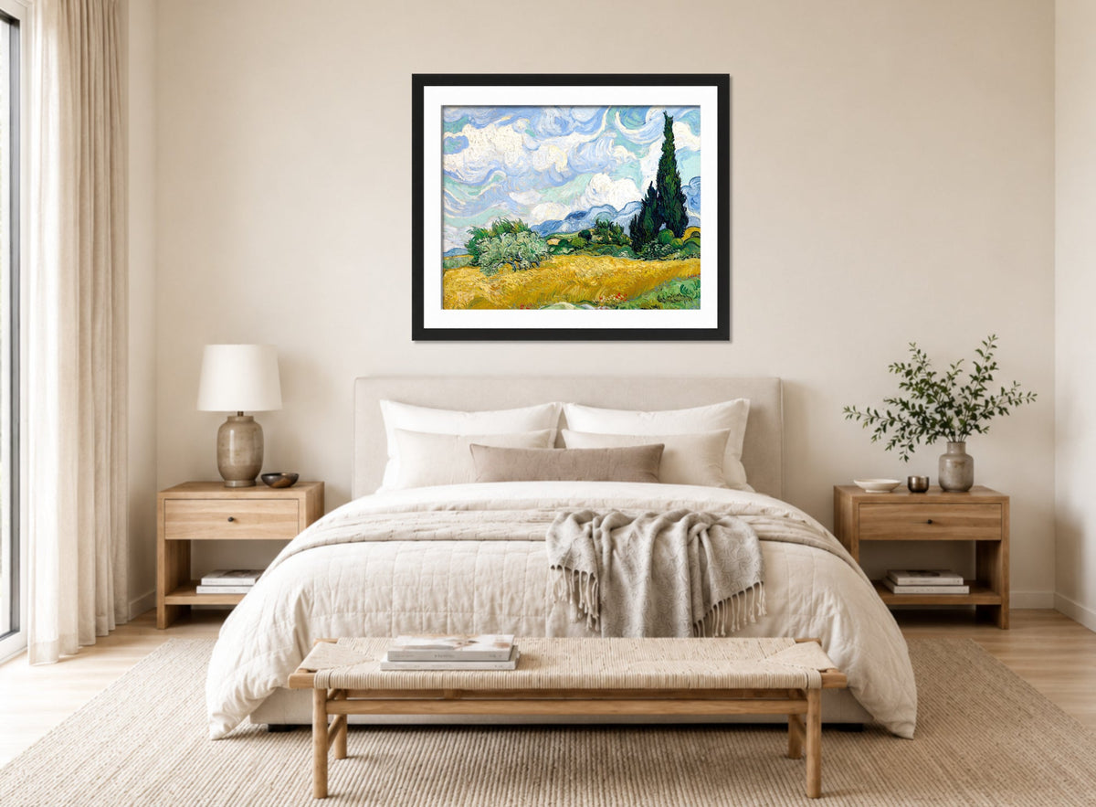 Vincent van Gogh Print, 056 Wheat Field with Cypresses_10x8 displayed above a bed