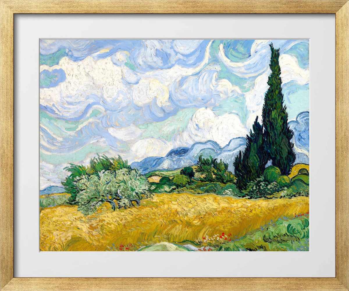 Vincent van Gogh Print, 056 Wheat Field with Cypresses_10x8 in a gold frame