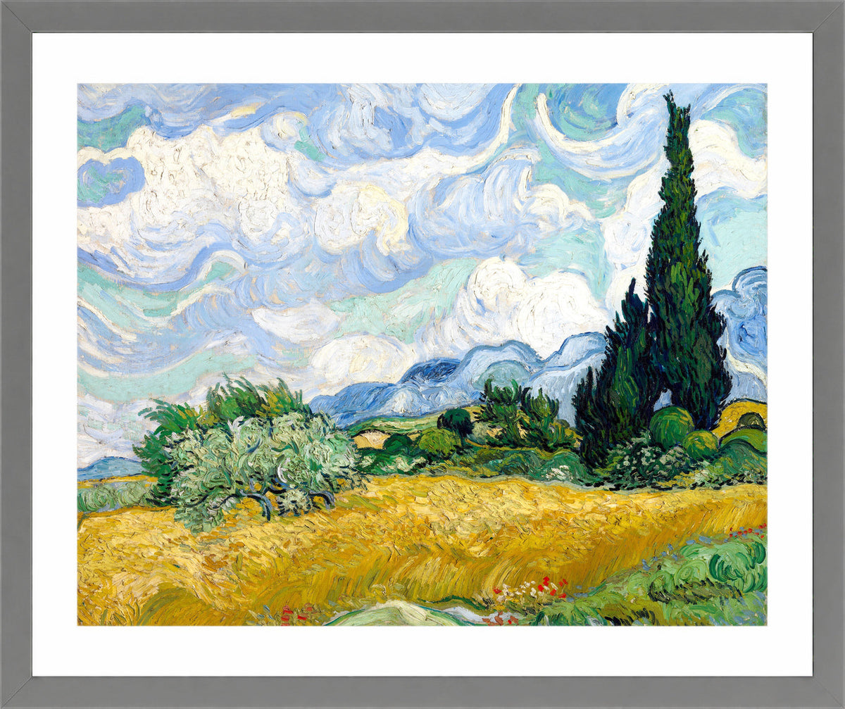 Vincent van Gogh Print, 056 Wheat Field with Cypresses_10x8 in a light grey frame