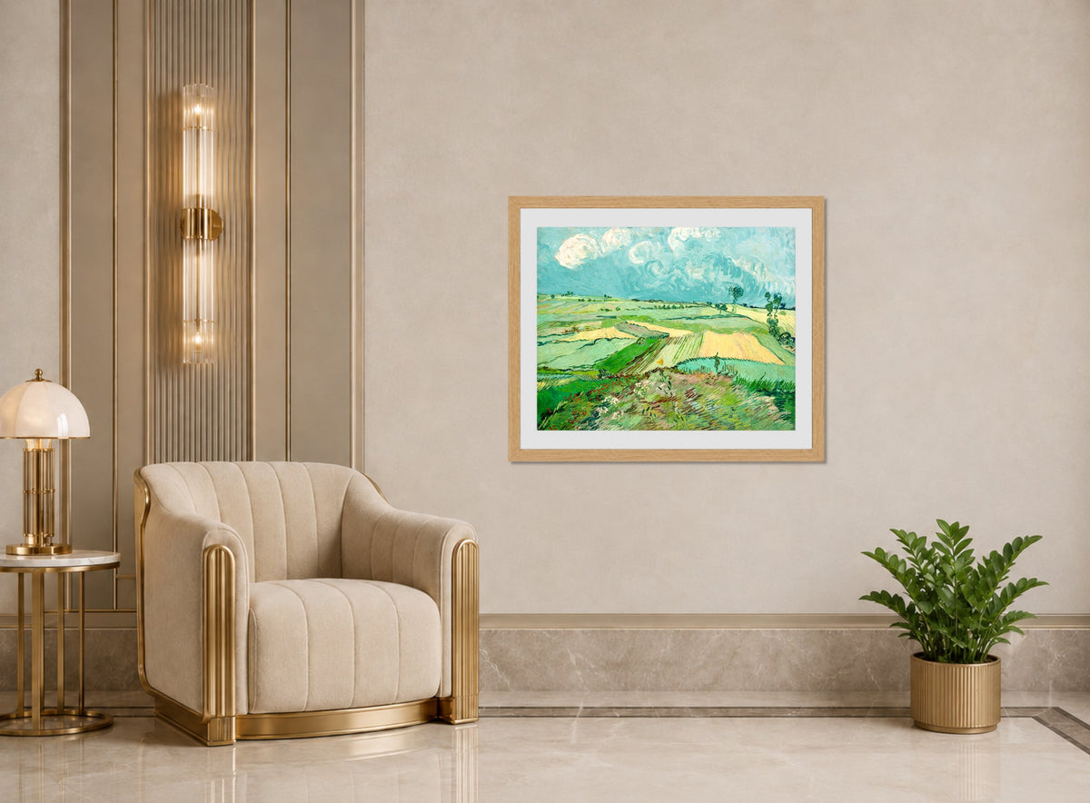 Vincent van Gogh Print, 057 Wheat Fields after the Rain (The Plain of Auvers), 1890_10x8 displayed in an Art Deco interior