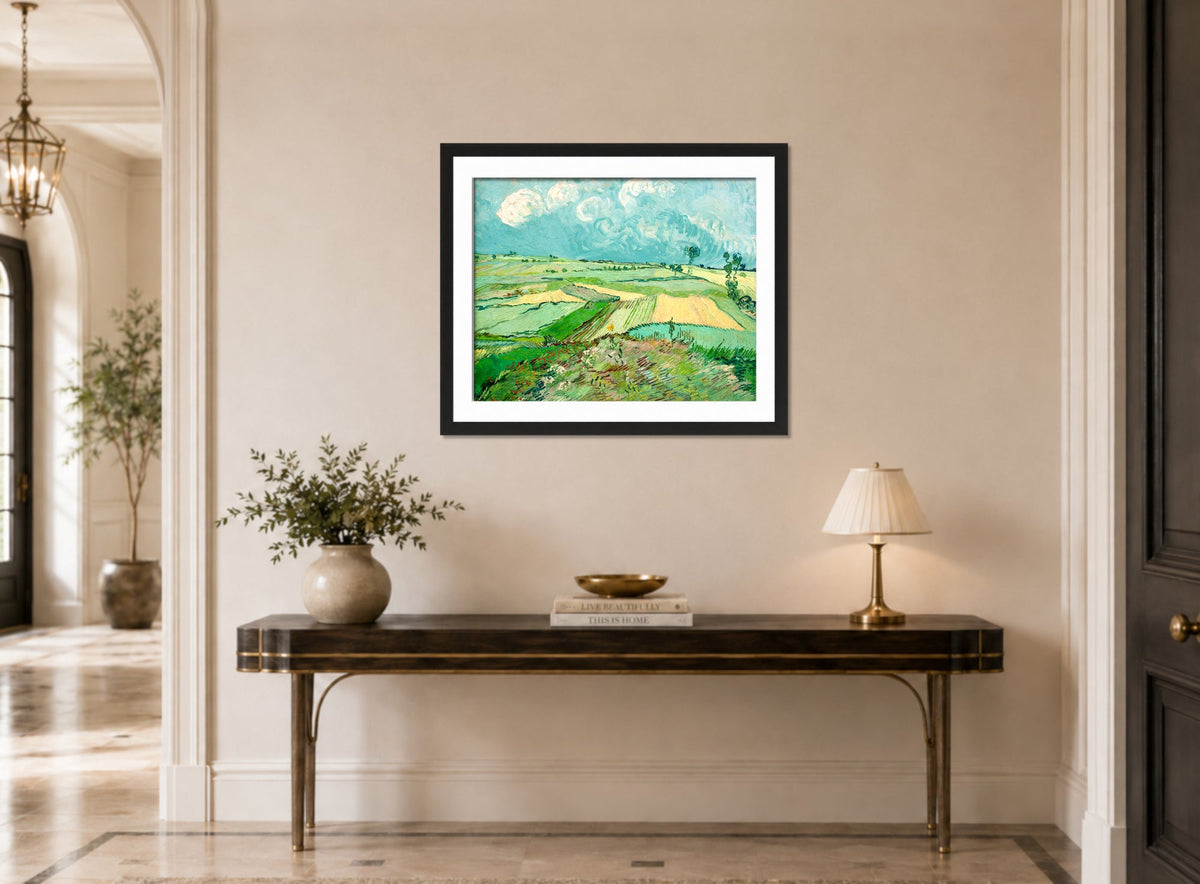 Vincent van Gogh Print, 057 Wheat Fields after the Rain (The Plain of Auvers), 1890_10x8 displayed above a console table
