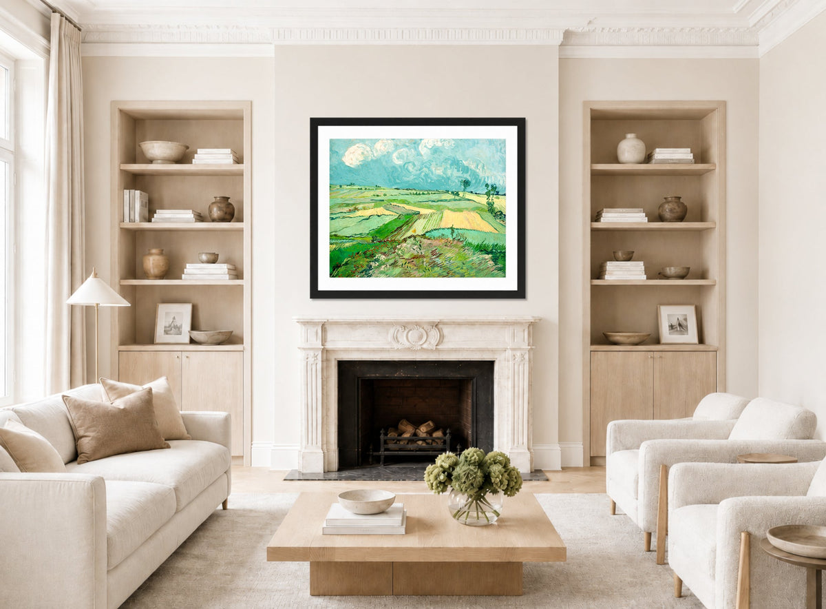 Vincent van Gogh Print, 057 Wheat Fields after the Rain (The Plain of Auvers), 1890_10x8 displayed in a Scandinavian living room
