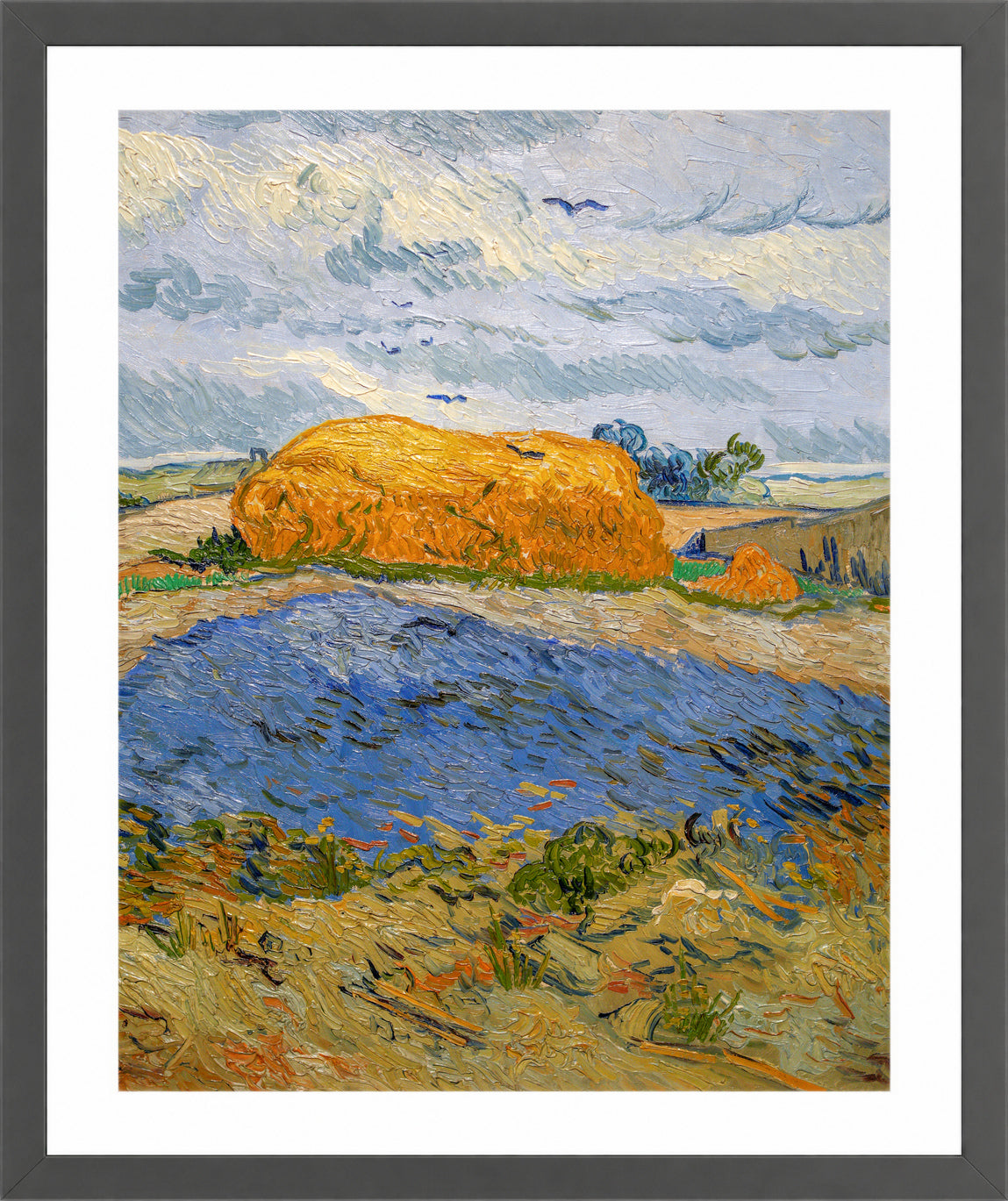 Vincent van Gogh Print, 059 Wheat Stack under a Cloudy Sky_10x8 in a dark grey frame