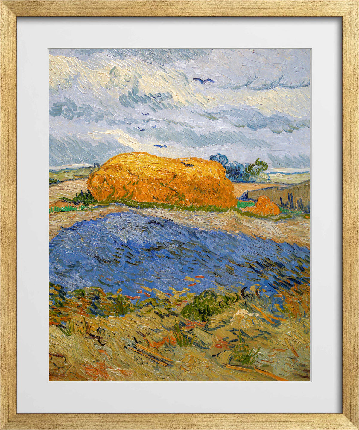Vincent van Gogh Print, 059 Wheat Stack under a Cloudy Sky_10x8 in a gold frame