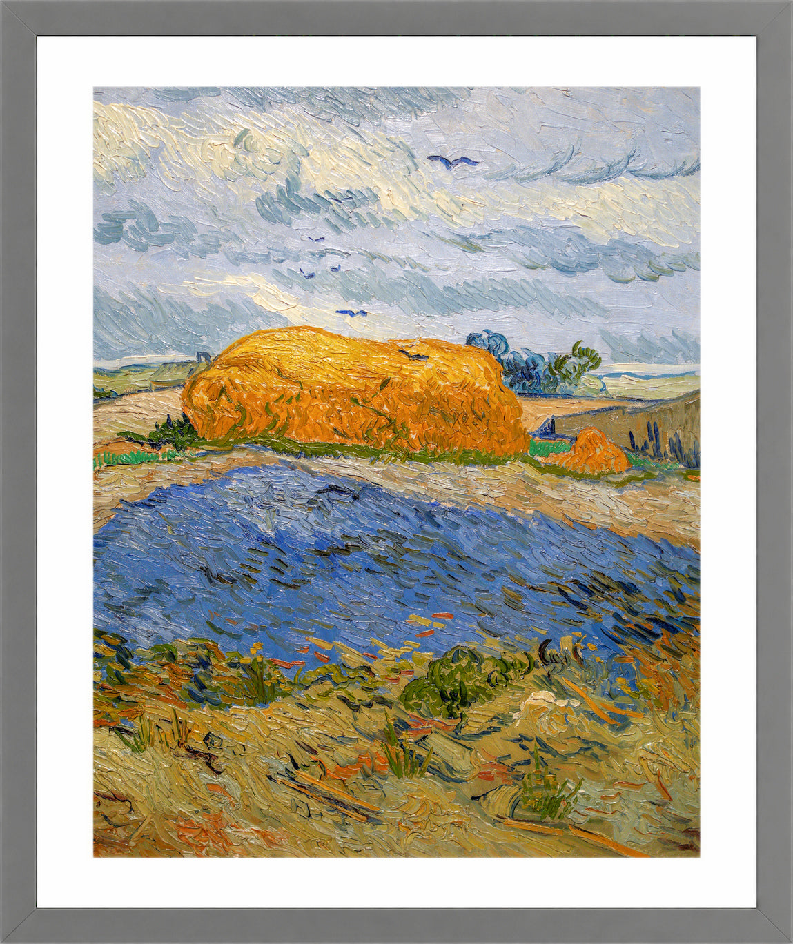 Vincent van Gogh Print, 059 Wheat Stack under a Cloudy Sky_10x8 in a light grey frame