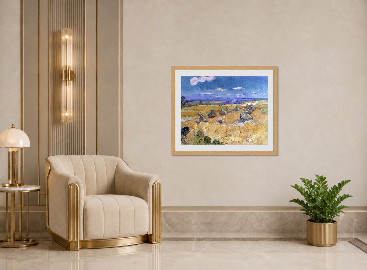 Vincent van Gogh Print, 060 Wheat Stacks with Reaper (1888)_10x8 displayed in an Art Deco interior