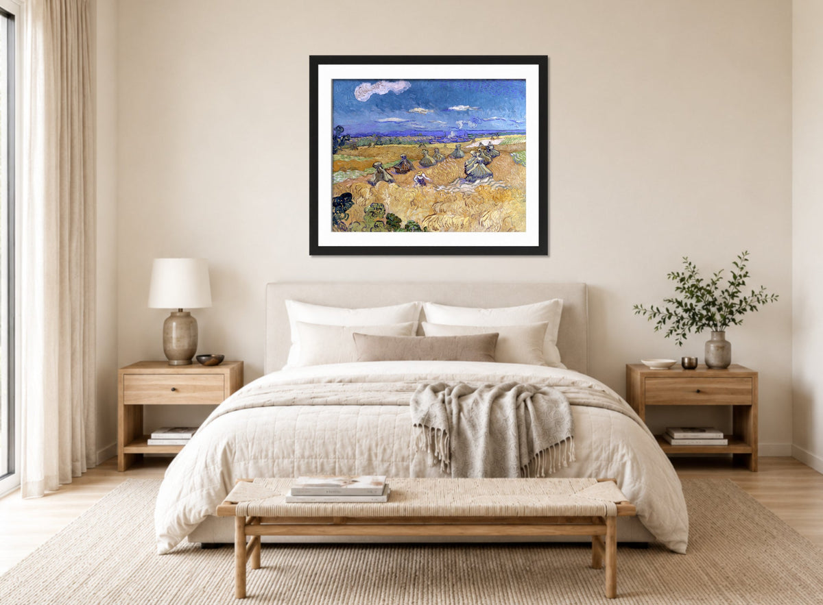 Vincent van Gogh Print, 060 Wheat Stacks with Reaper (1888)_10x8 displayed above a bed