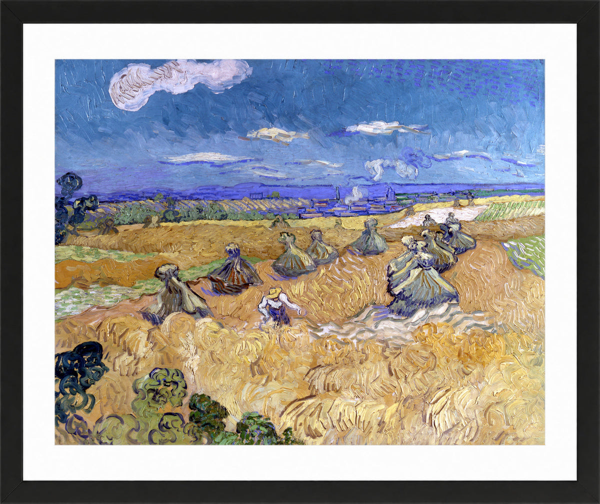 Vincent van Gogh Print, 060 Wheat Stacks with Reaper (1888)_10x8 in a black frame
