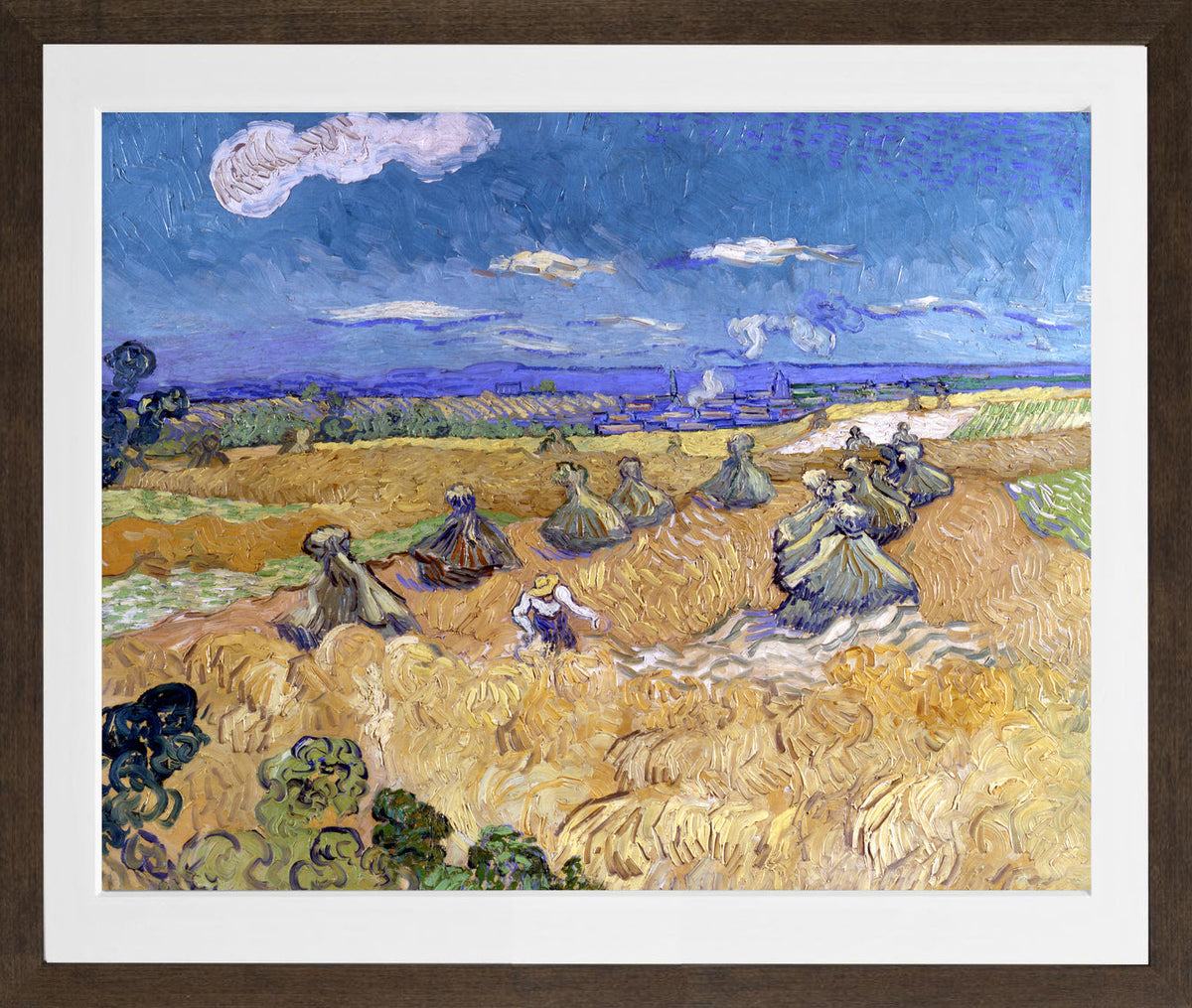 Vincent van Gogh Print, 060 Wheat Stacks with Reaper (1888)_10x8 in a brown frame