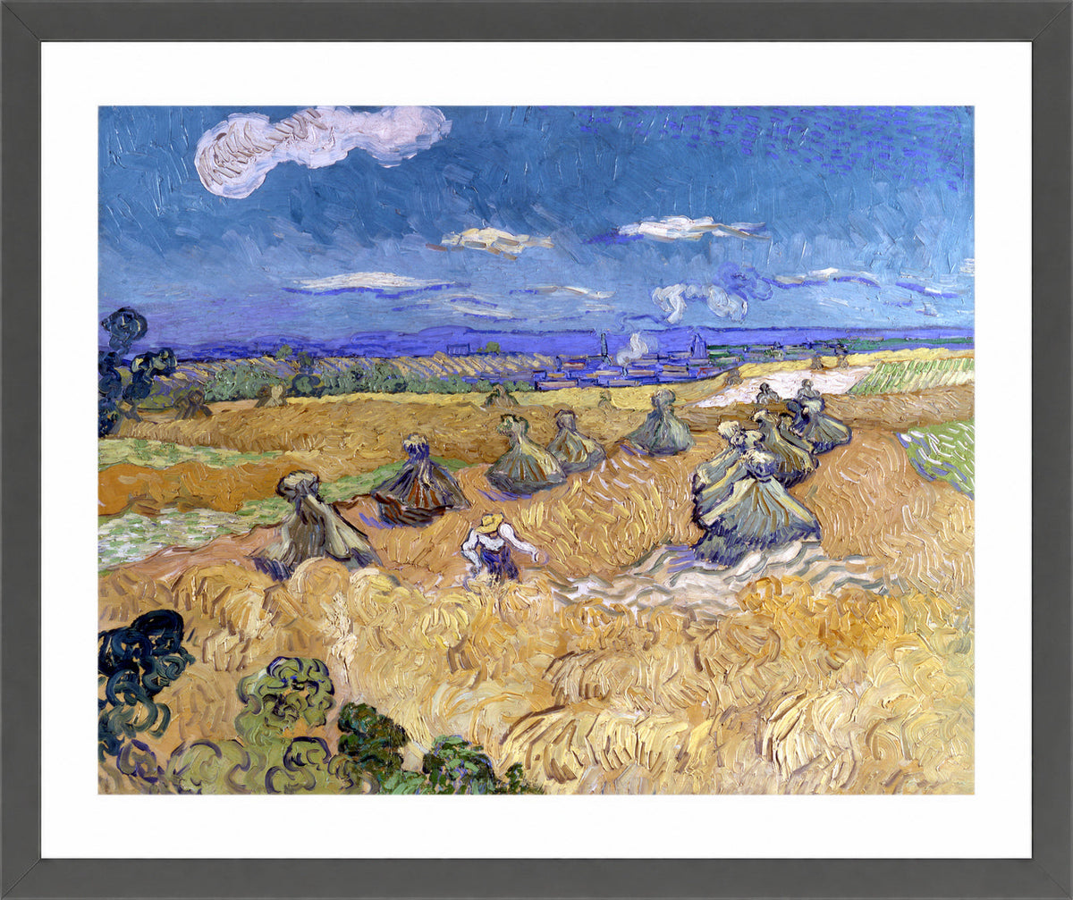 Vincent van Gogh Print, 060 Wheat Stacks with Reaper (1888)_10x8 in a dark grey frame
