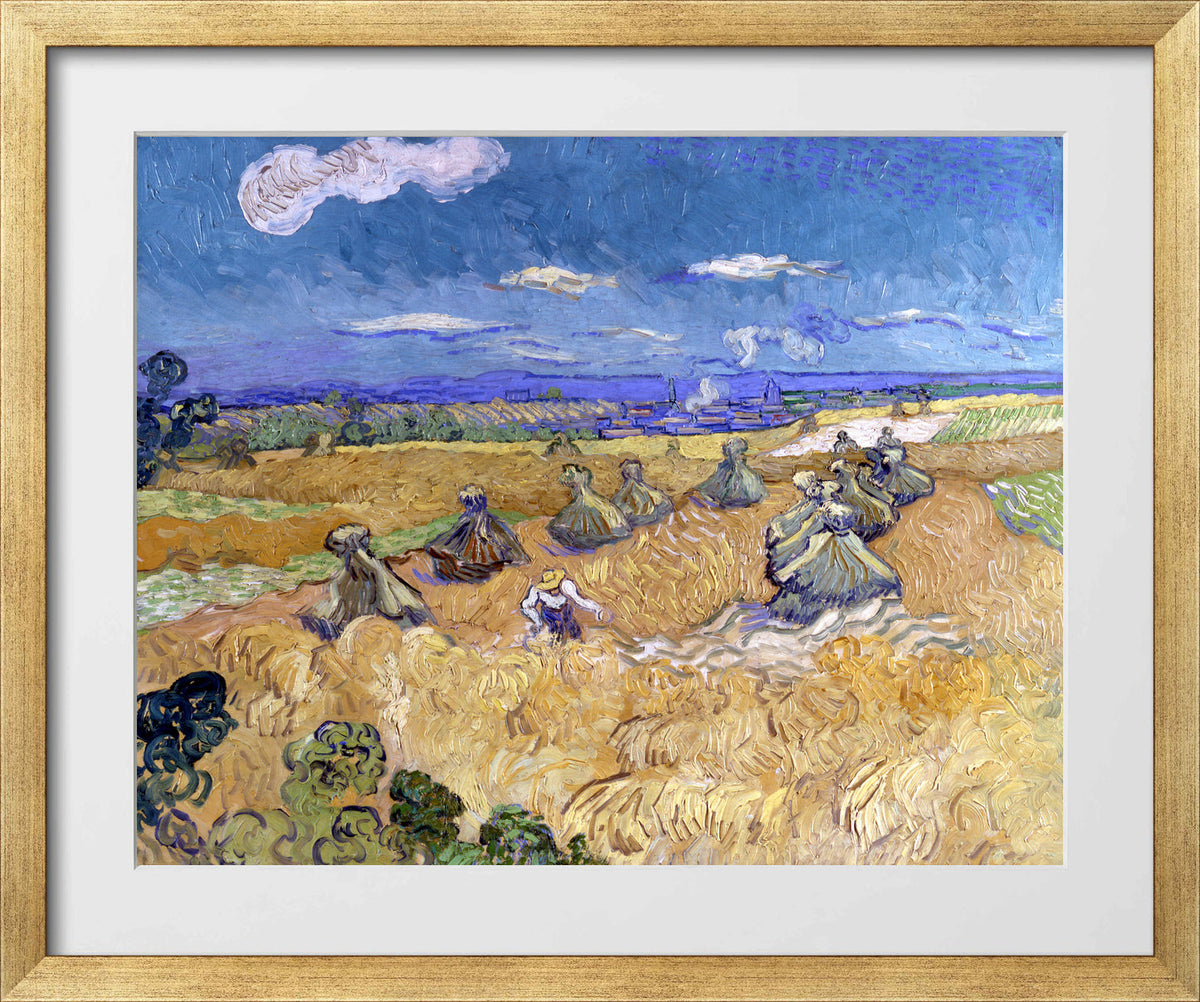 Vincent van Gogh Print, 060 Wheat Stacks with Reaper (1888)_10x8 in a gold frame