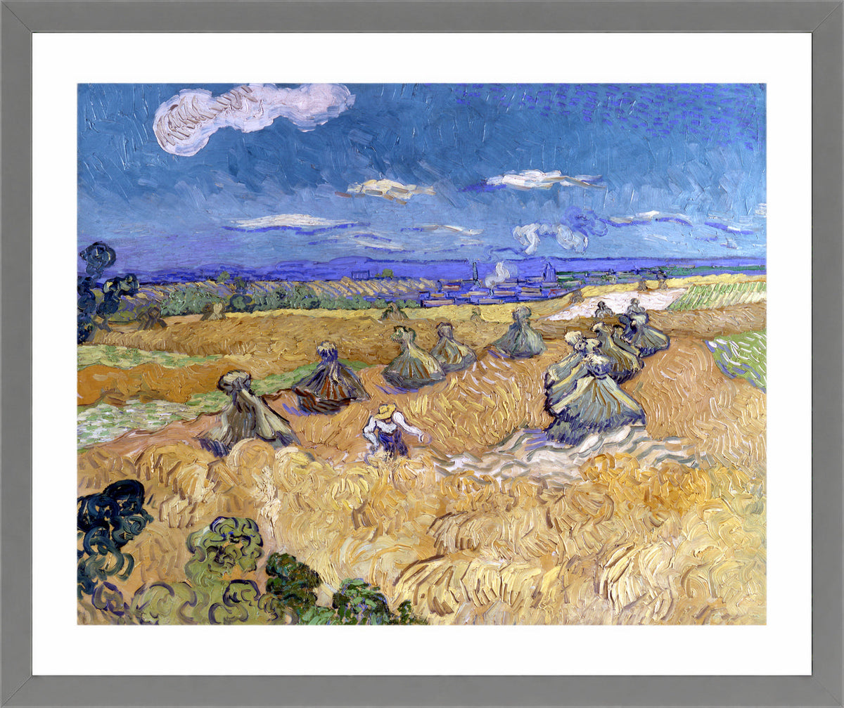 Vincent van Gogh Print, 060 Wheat Stacks with Reaper (1888)_10x8 in a light grey frame