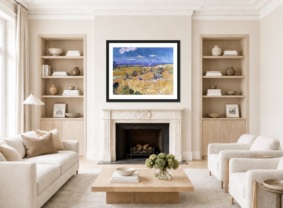 Vincent van Gogh Print, 060 Wheat Stacks with Reaper (1888)_10x8 displayed in a Scandinavian living room