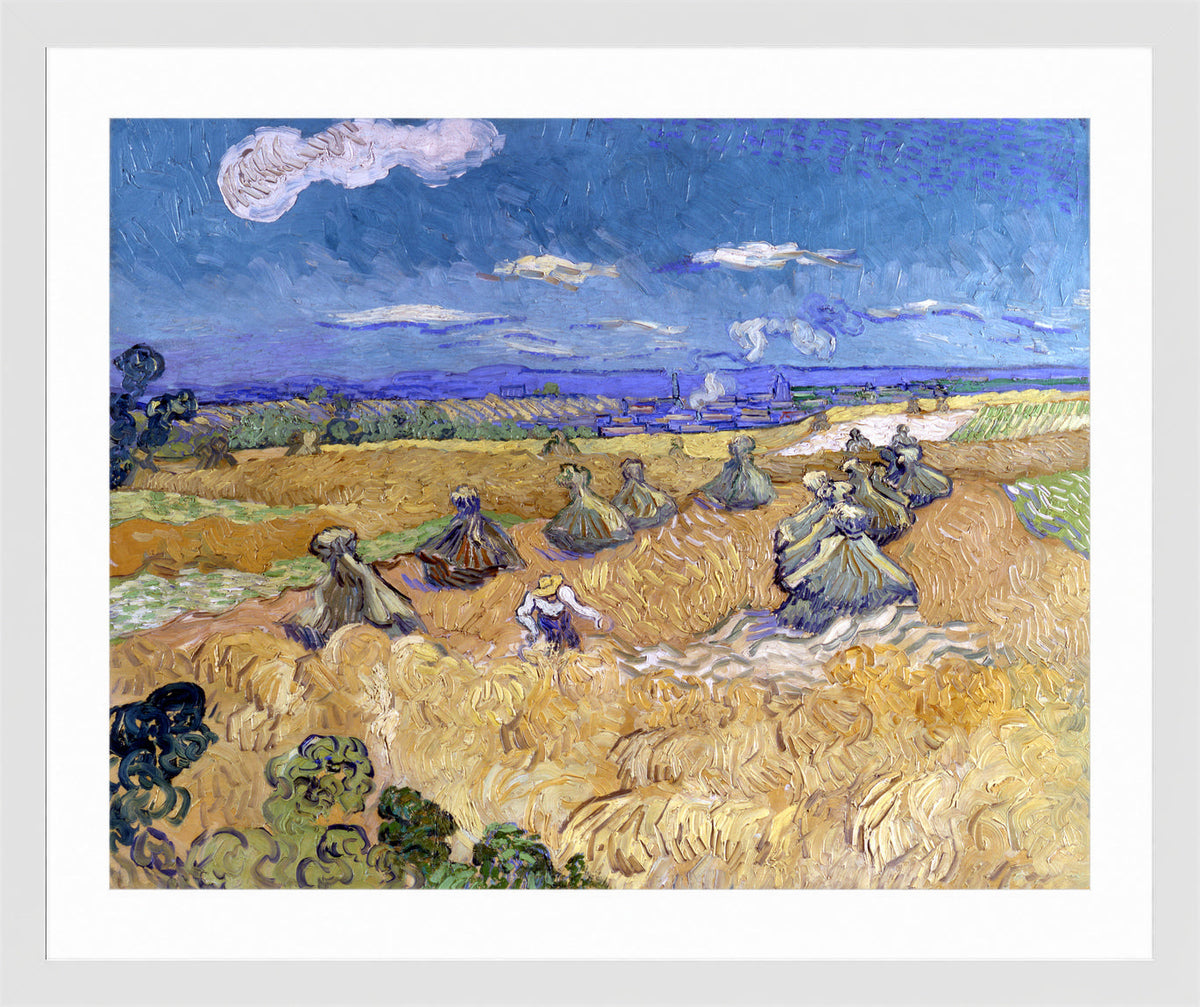 Vincent van Gogh Print, 060 Wheat Stacks with Reaper (1888)_10x8 in a white frame
