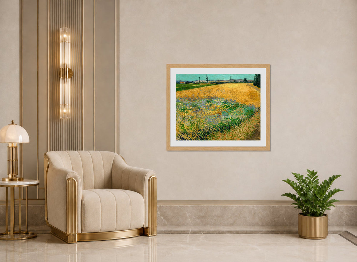 Vincent van Gogh Print, 061 Wheatfield (1888)_10x8 displayed in an Art Deco interior