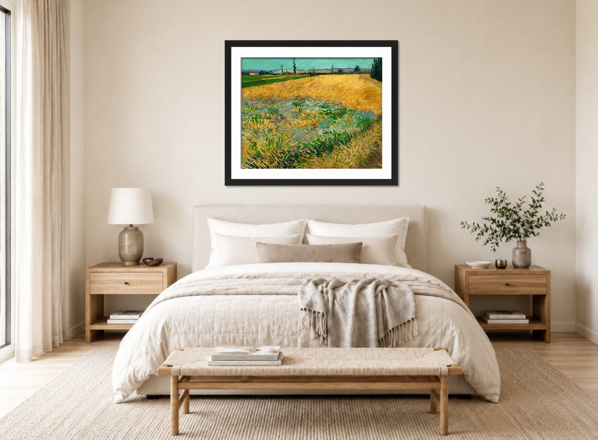 Vincent van Gogh Print, 061 Wheatfield (1888)_10x8 displayed above a bed