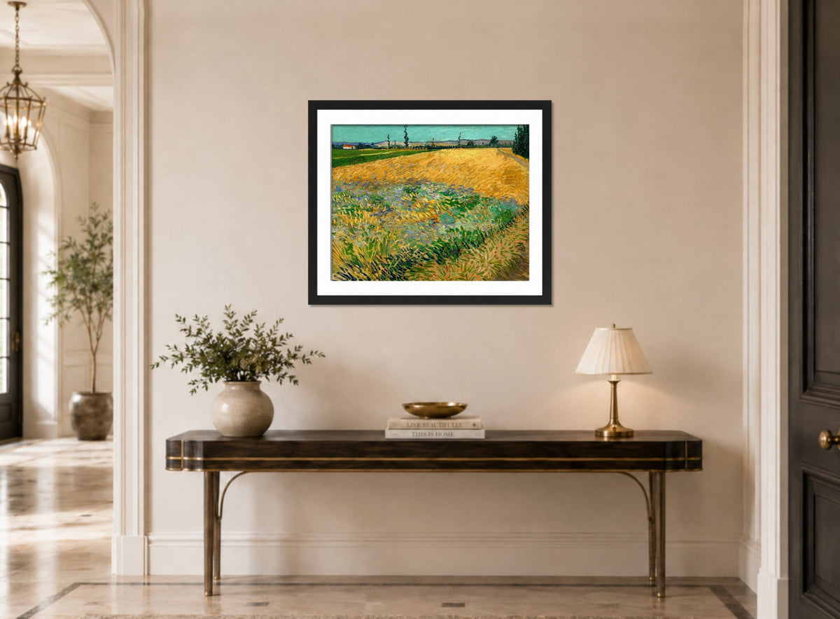 Vincent van Gogh Print, 061 Wheatfield (1888)_10x8 displayed above a console table