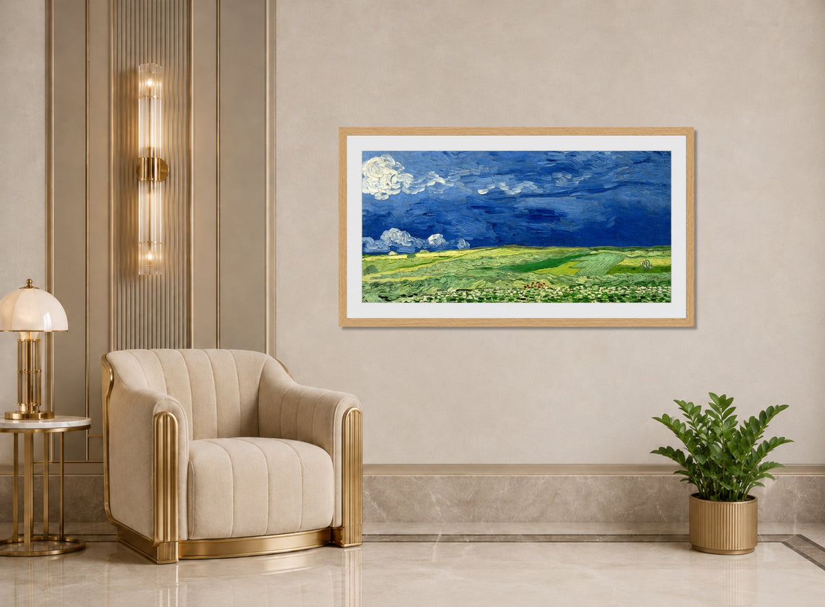Vincent van Gogh Print, 062 Wheatfield Under Thunderclouds_12x6 displayed in an Art Deco interior