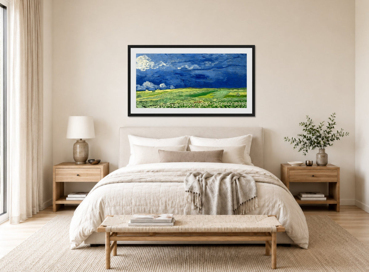 Vincent van Gogh Print, 062 Wheatfield Under Thunderclouds_12x6 displayed above a bed