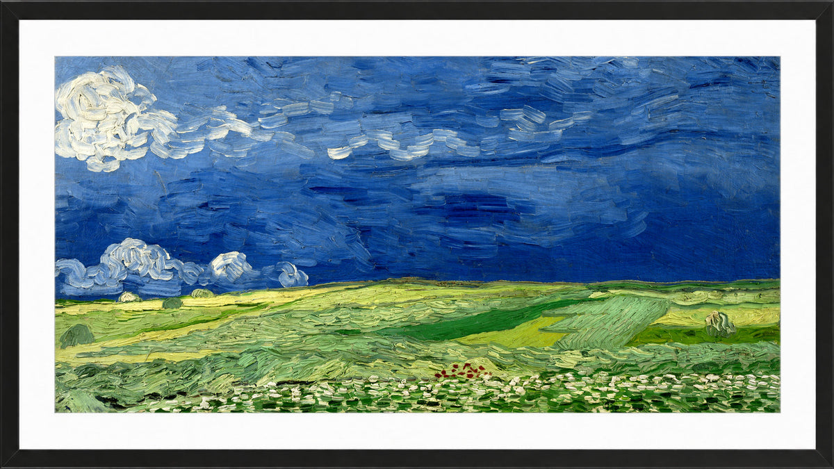 Vincent van Gogh Print, 062 Wheatfield Under Thunderclouds_12x6 in a black frame