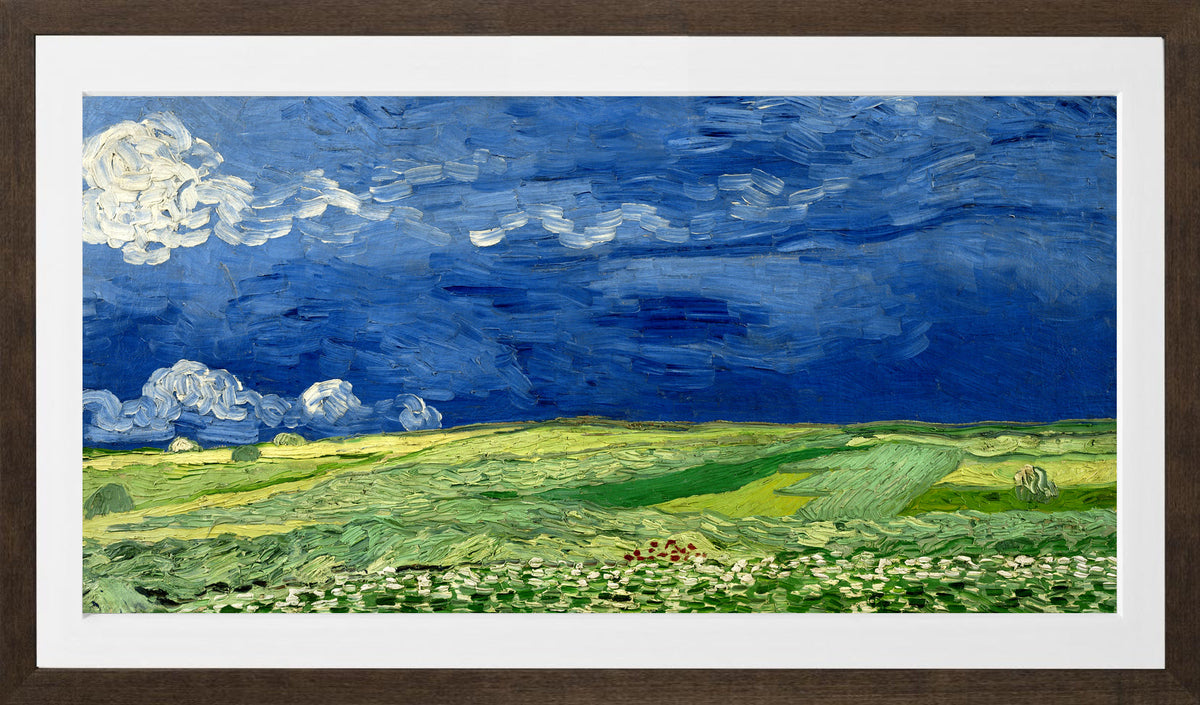 Vincent van Gogh Print, 062 Wheatfield Under Thunderclouds_12x6 in a brown frame