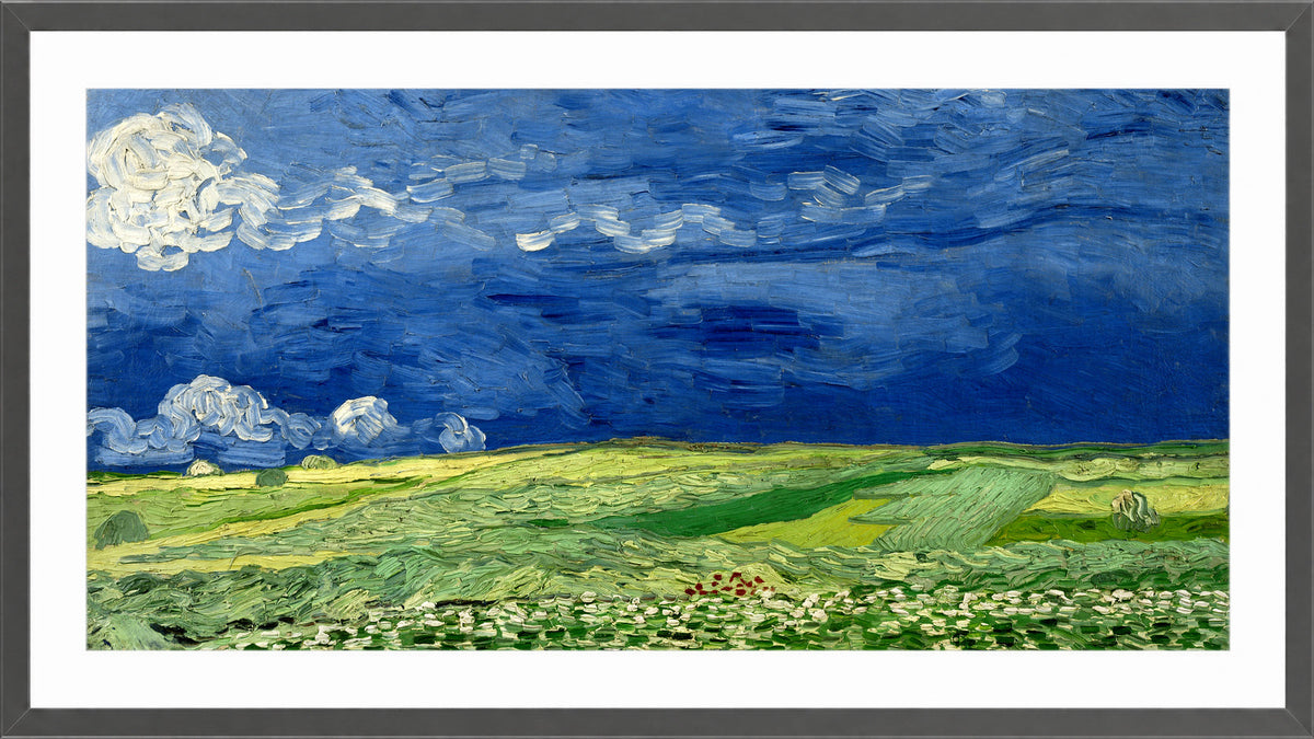 Vincent van Gogh Print, 062 Wheatfield Under Thunderclouds_12x6 in a dark grey frame