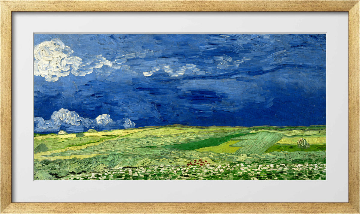 Vincent van Gogh Print, 062 Wheatfield Under Thunderclouds_12x6 in a gold frame