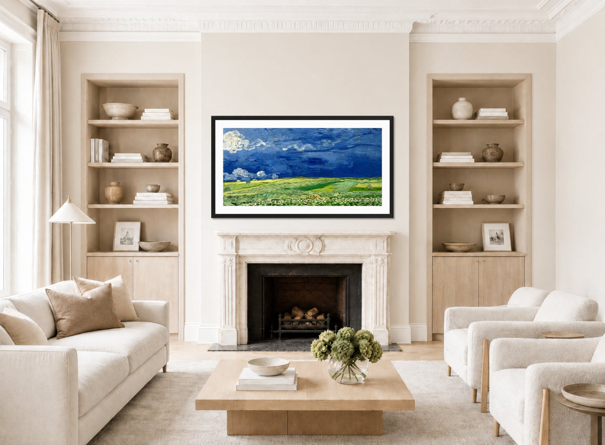 Vincent van Gogh Print, 062 Wheatfield Under Thunderclouds_12x6 displayed in a Scandinavian living room