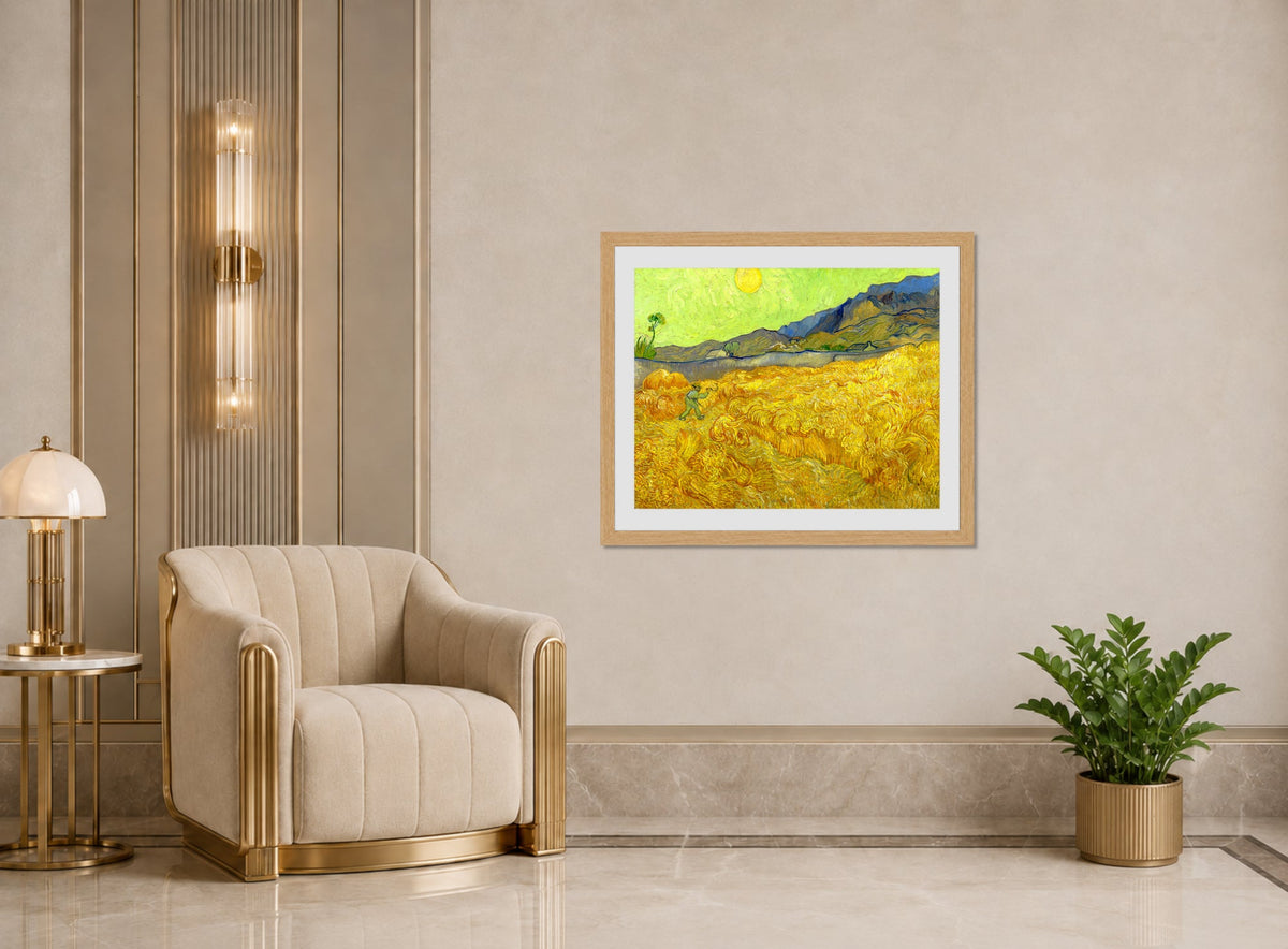 Vincent van Gogh Print, 063 Wheatfield with a reaper (1889)_10x8 displayed in an Art Deco interior