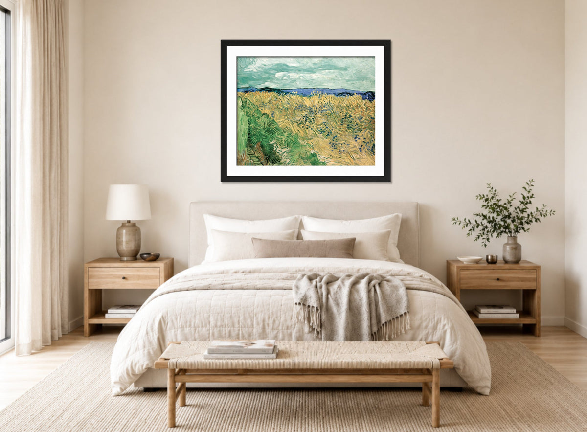 Vincent van Gogh Print, 064 Wheatfield With Cornflowers (1890)_10x8 displayed above a bed