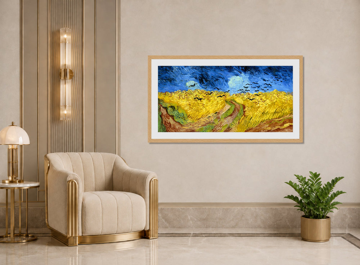 Vincent van Gogh Print, 065 Wheatfield_with_crows_12x6 displayed in an Art Deco interior