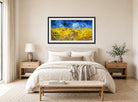 Vincent van Gogh Print, 065 Wheatfield_with_crows_12x6 displayed above a bed