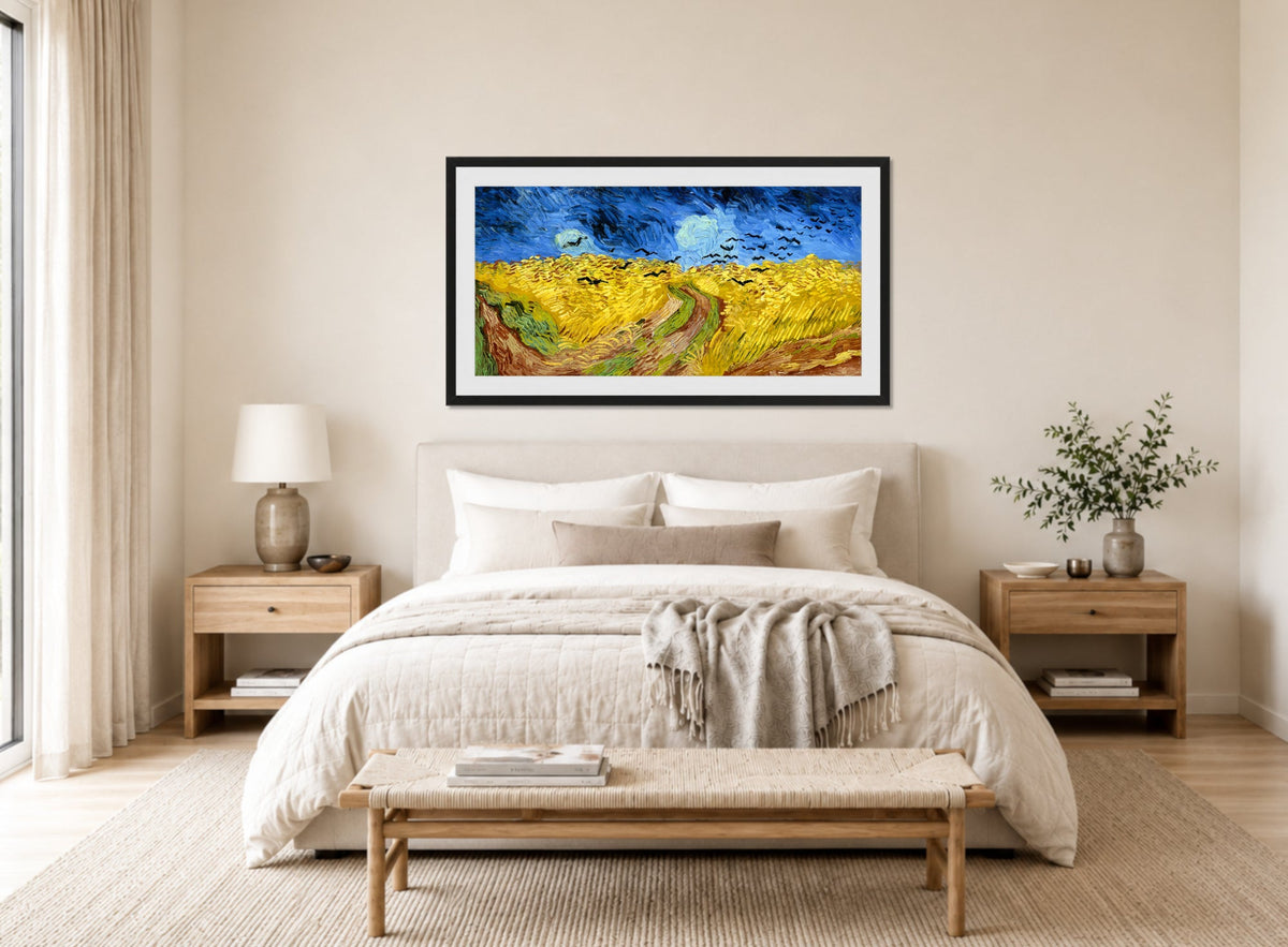 Vincent van Gogh Print, 065 Wheatfield_with_crows_12x6 displayed above a bed