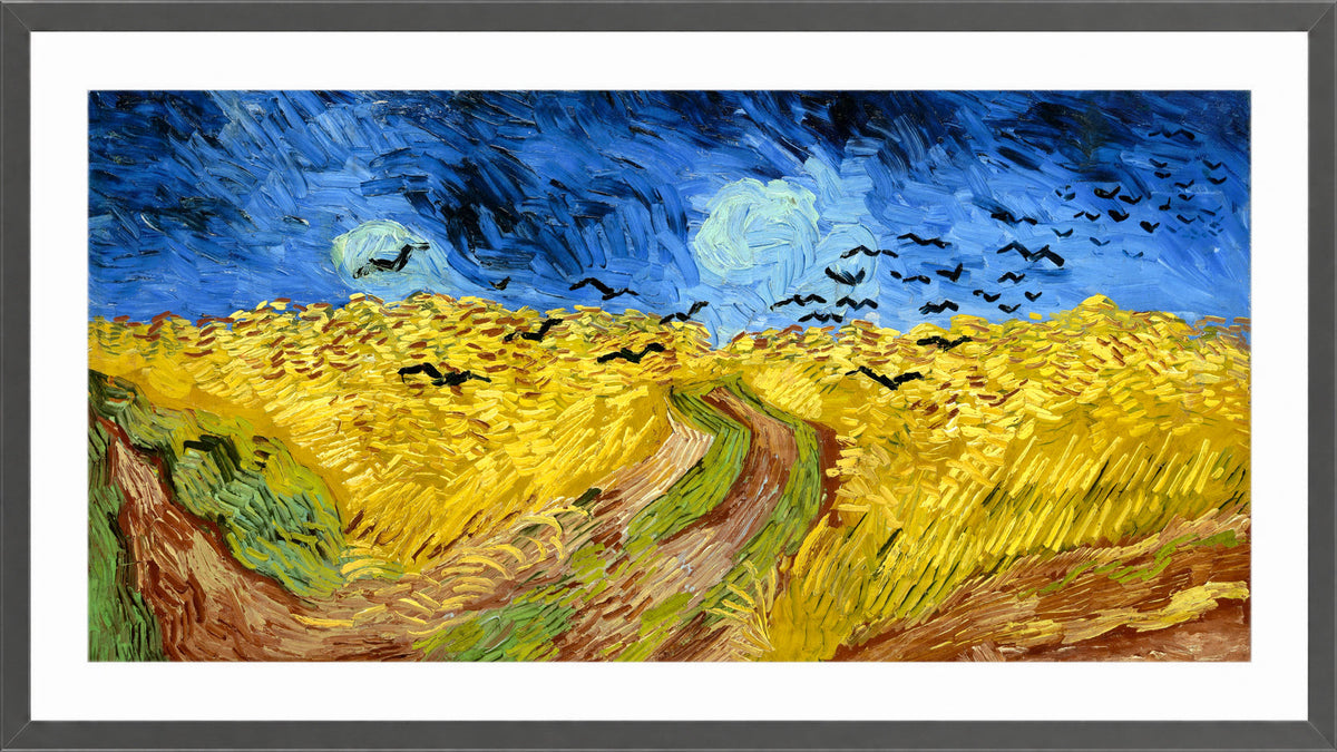Vincent van Gogh Print, 065 Wheatfield_with_crows_12x6 in a dark grey frame