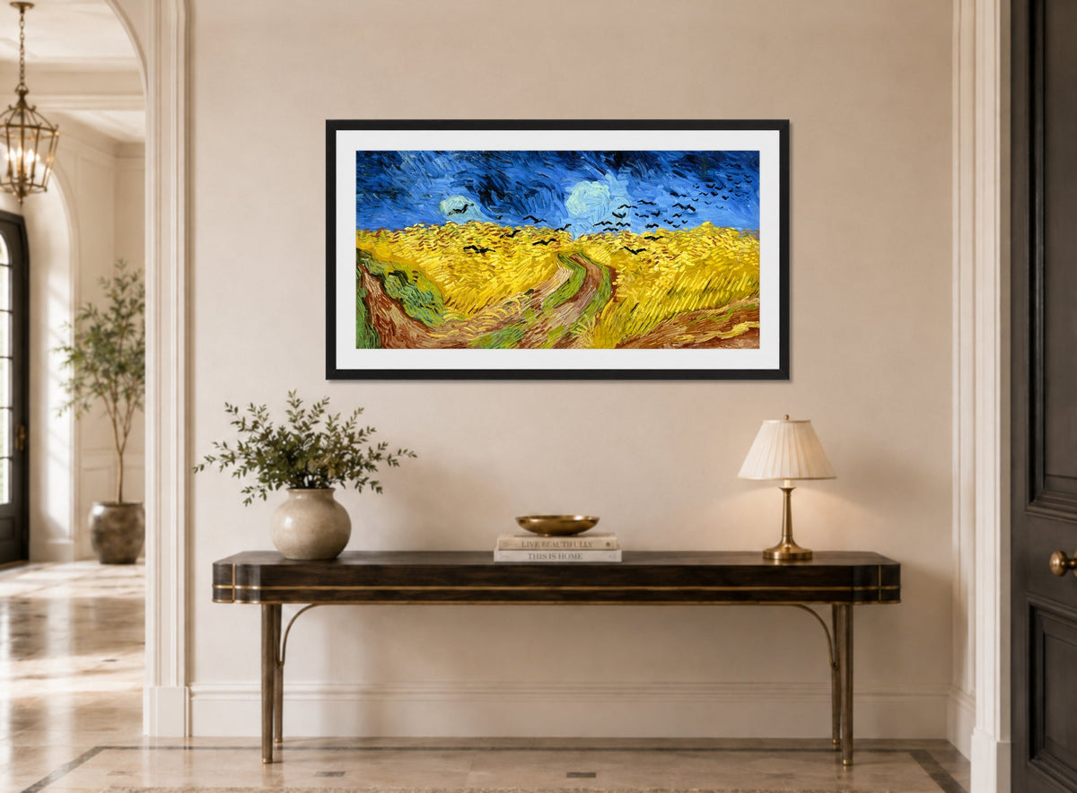 Vincent van Gogh Print, 065 Wheatfield_with_crows_12x6 displayed above a console table