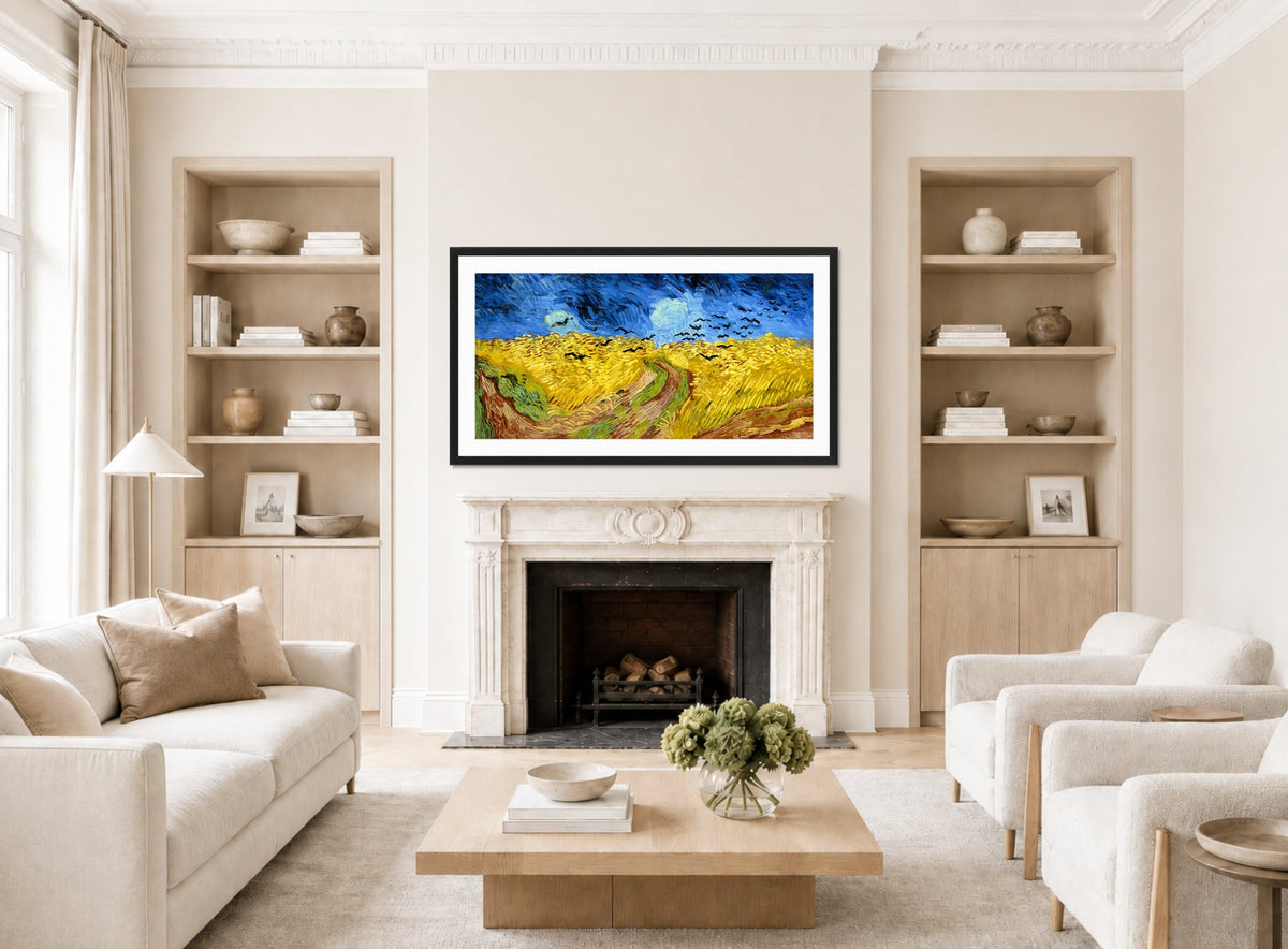 Vincent van Gogh Print, 065 Wheatfield_with_crows_12x6 displayed in a Scandinavian living room