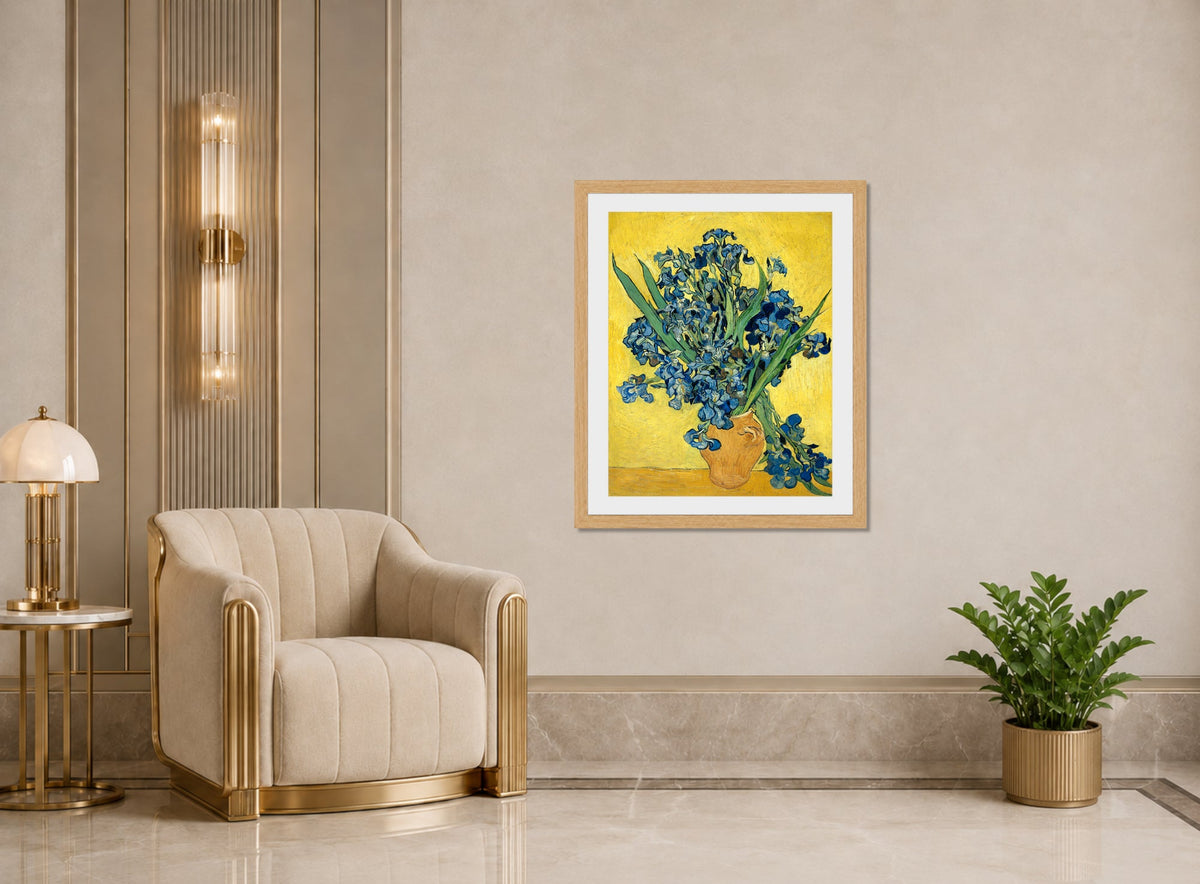 Vincent van Gogh Print, 069 Vase with Irises Against a Yellow Background_10x8 displayed in an Art Deco interior