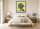 Vincent van Gogh Print, 069 Vase with Irises Against a Yellow Background_10x8 displayed above a bed