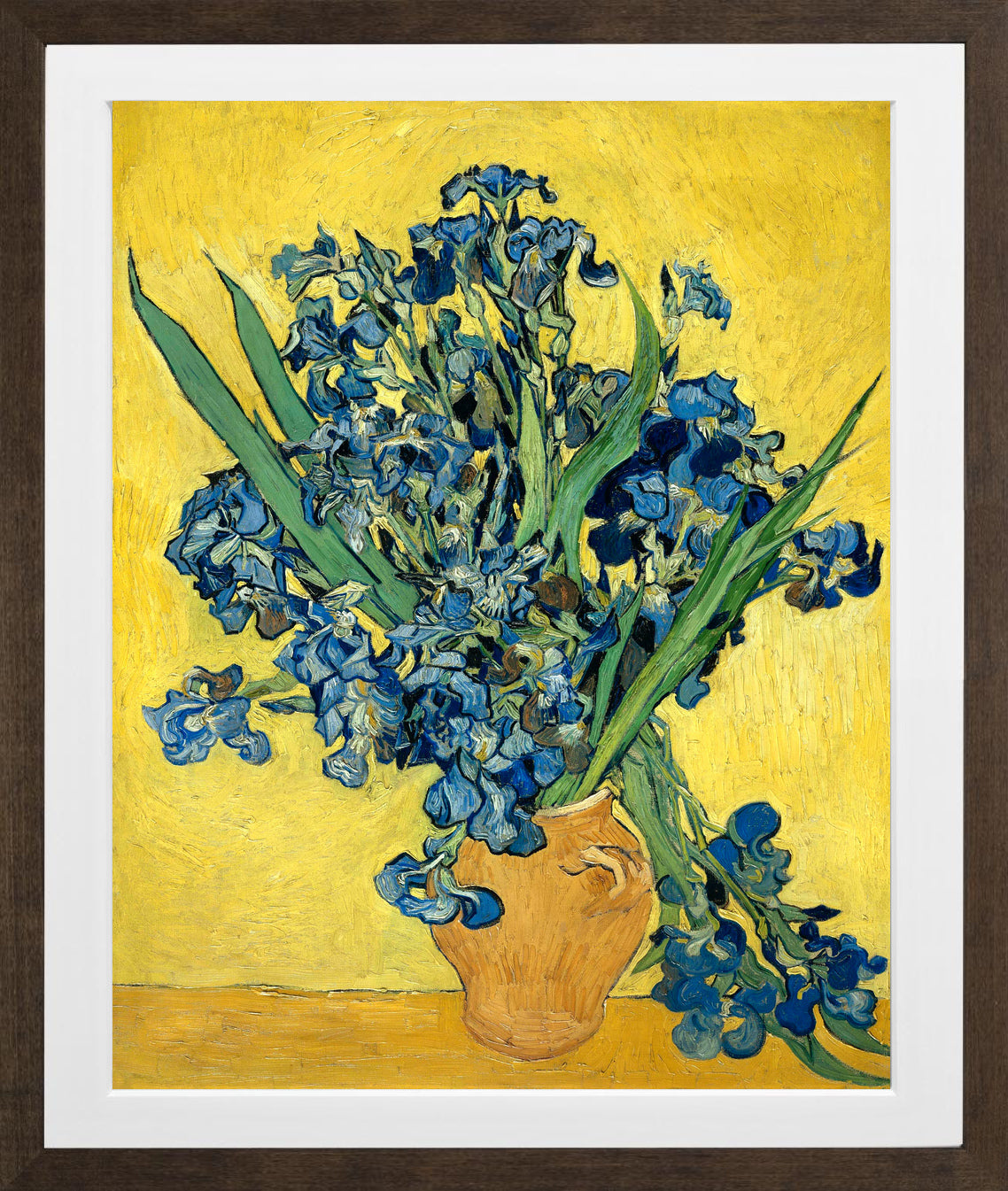 Vincent van Gogh Print, 069 Vase with Irises Against a Yellow Background_10x8 in a brown frame