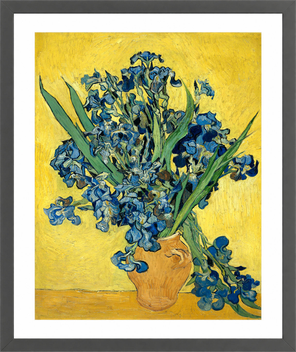 Vincent van Gogh Print, 069 Vase with Irises Against a Yellow Background_10x8 in a dark grey frame