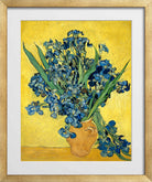 Vincent van Gogh Print, 069 Vase with Irises Against a Yellow Background_10x8 in a gold frame