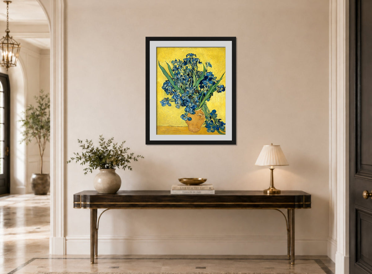 Vincent van Gogh Print, 069 Vase with Irises Against a Yellow Background_10x8 displayed above a console table