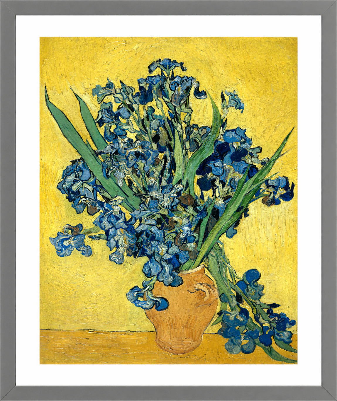 Vincent van Gogh Print, 069 Vase with Irises Against a Yellow Background_10x8 in a light grey frame