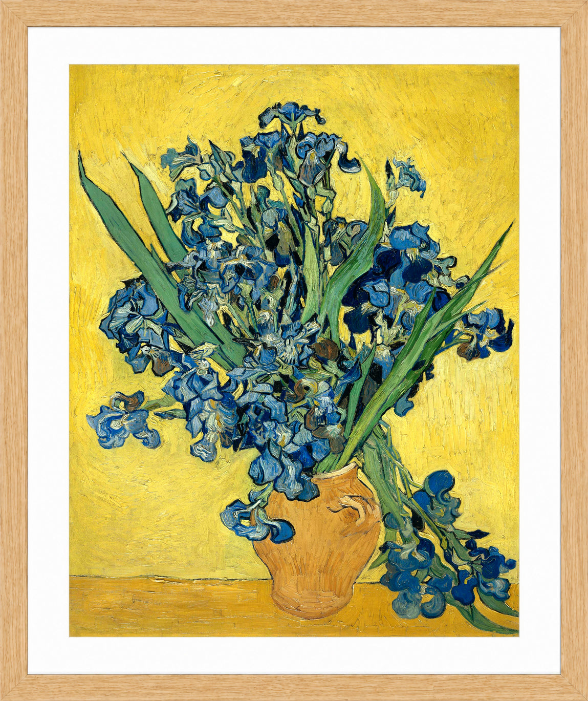Vincent van Gogh Print, 069 Vase with Irises Against a Yellow Background_10x8 in an oak frame