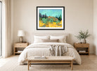 Vincent van Gogh Print, 073 Cabanes de bois parmi les oliviers et cyprès (1889)_10x8 displayed above a bed