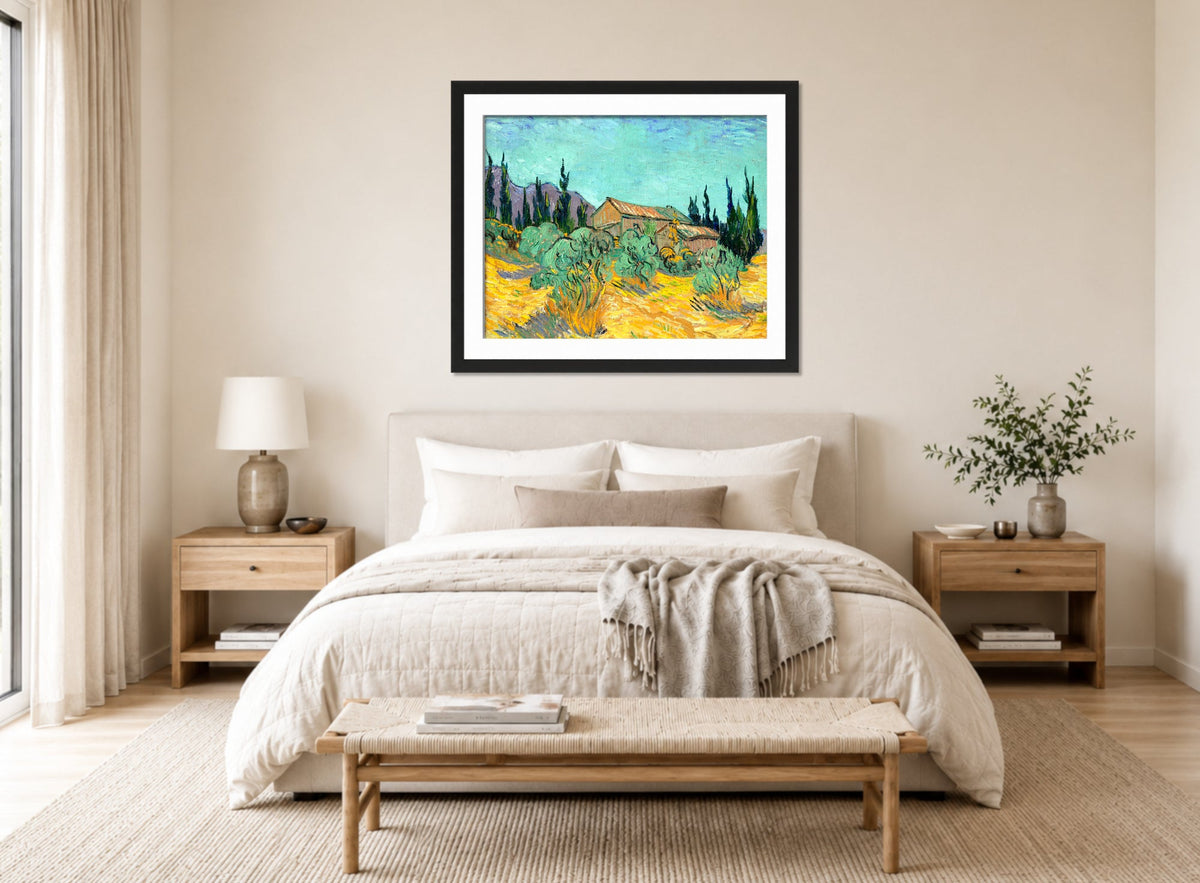 Vincent van Gogh Print, 073 Cabanes de bois parmi les oliviers et cyprès (1889)_10x8 displayed above a bed